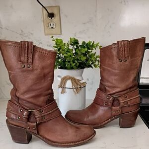 Frye Brown Harness Heeled Boots